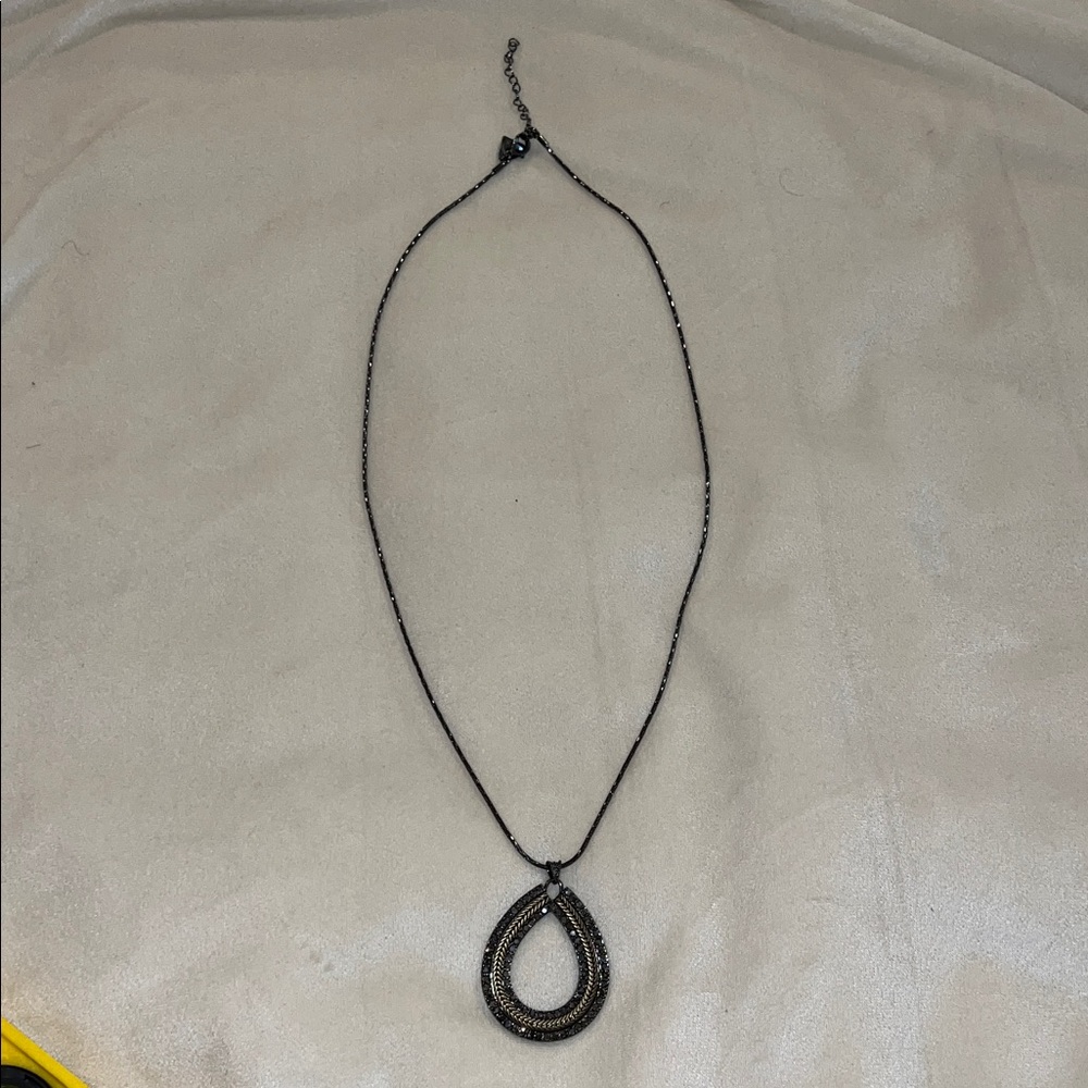 Gunmedal black crystal teardrop statement, pendant necklace